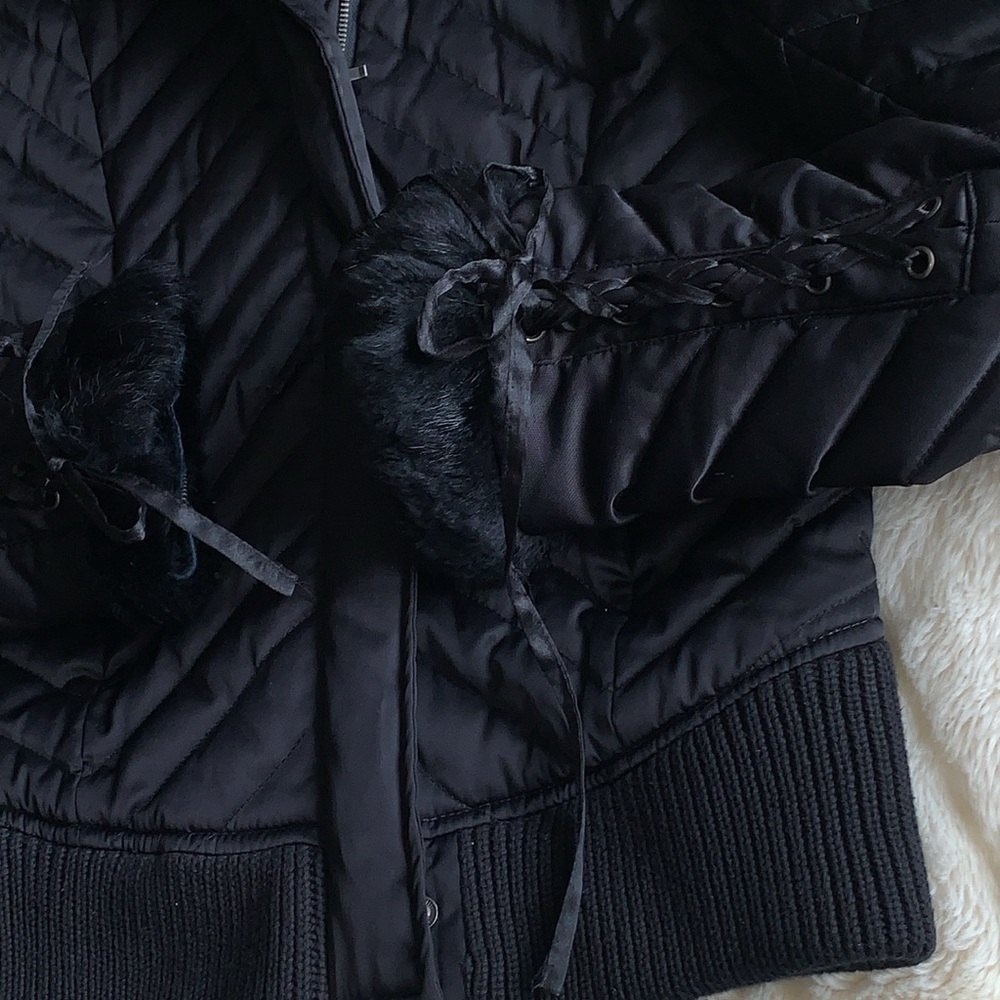 Bebe RARE Y2K Lace Up corset HOODED DOWN Fill Genuine Rabbit FUR jacket M🇨🇦 - Picture 15 of 15